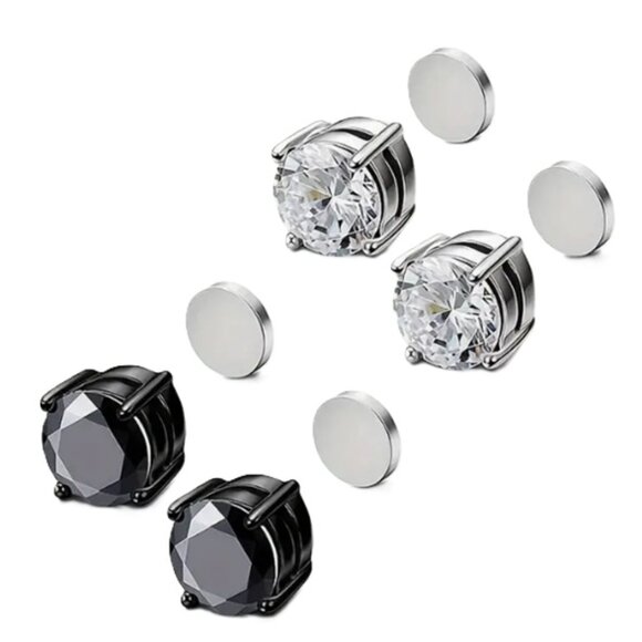 2 Pair 6MM - 4 Prong Mixed Stainless Steel Magnetic Non-Piercing Stud Earrings - Picture 2 of 3